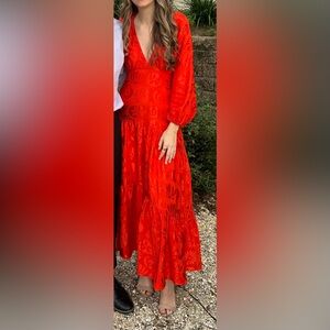 Farm Rio Red Satin Tropical Printed Long Sleeve Maxi Dress Resortwear Gown XXS
